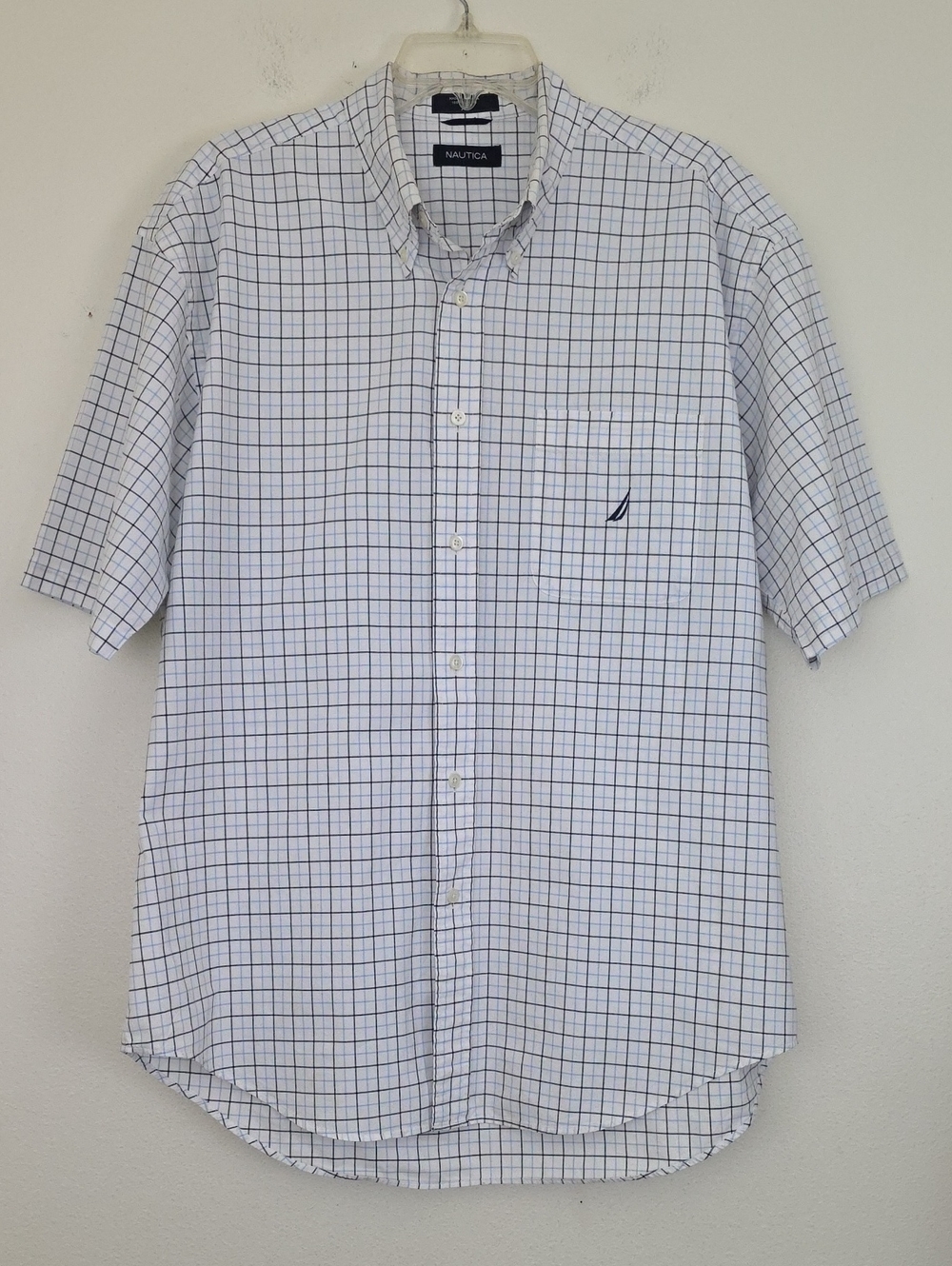 Nautica White, Blue & Black Plaid 100% Cotton Short Sleeve Button Shirt Mens XL